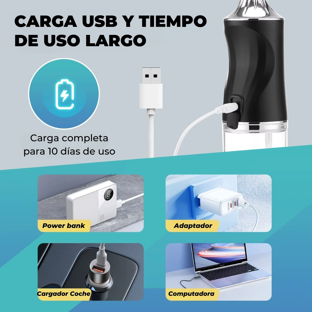 Irrigador dental recargable USB - Sustituye el hilo con un chorro de agua - Limpieza rápida y cómoda en 1 minuto