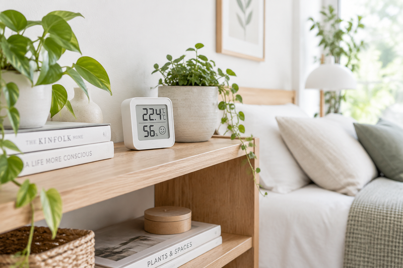 Termómetro higrómetro digital en dormitorio moderno con plantas