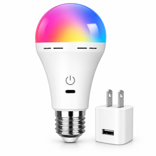 Bombilla LED recargable USB RGB blanca con base E27 sobre fondo blanco