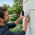 Persona instalando cámara de seguridad inalámbrica exterior en fachada de casa