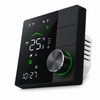 Termostato inteligente WiFi negro con pantalla LED y dial plateado sobre fondo blanco