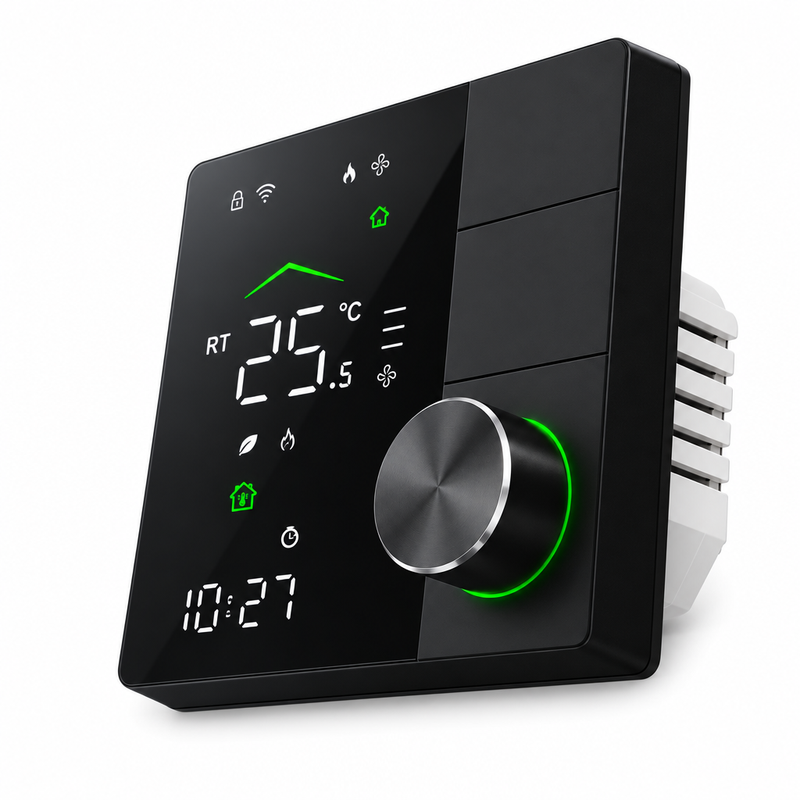 Termostato inteligente WiFi negro con pantalla LED y dial plateado sobre fondo blanco