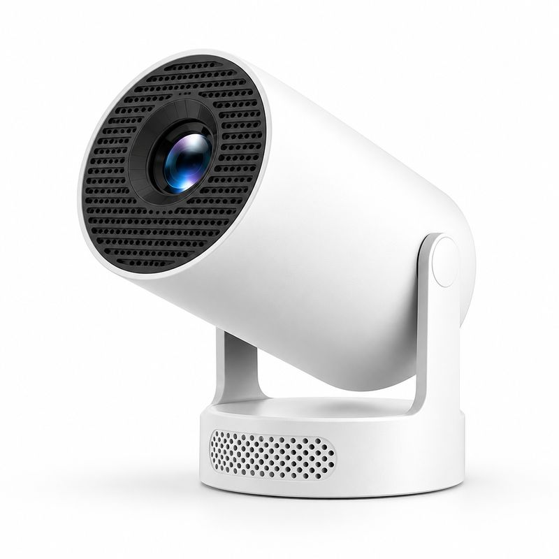 Mini proyector portátil HD blanco sobre fondo blanco