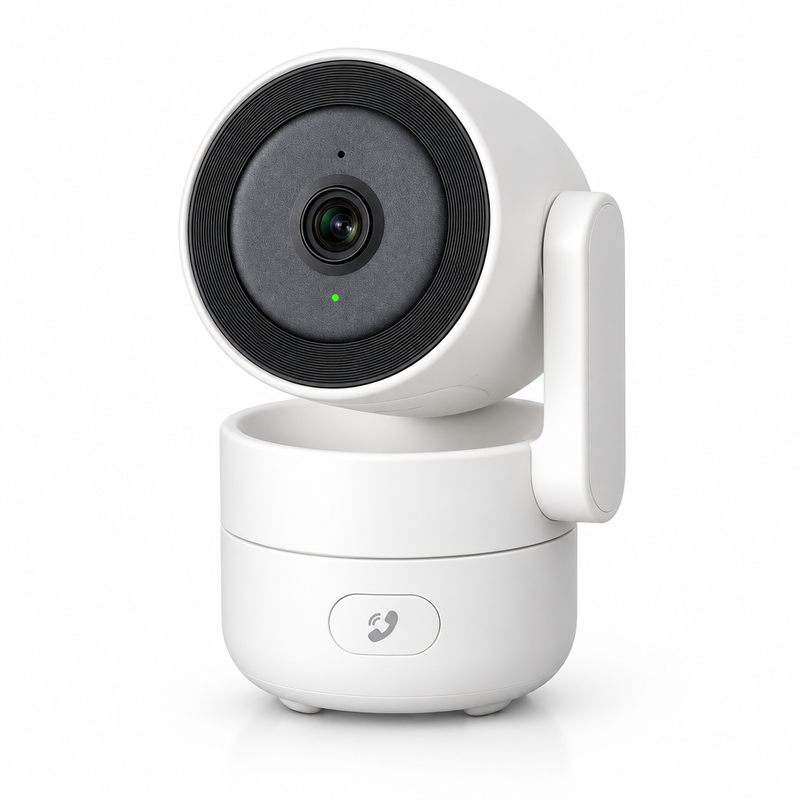Cámara de seguridad WiFi 360° blanca sobre fondo blanco