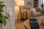 Enchufe inteligente WiFi controlado desde smartphone en salón moderno