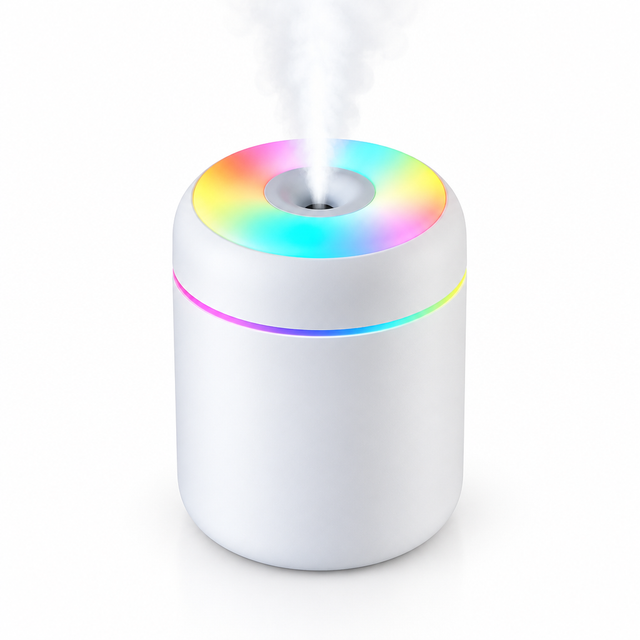Humidificador difusor de aromas USB blanco con luz RGB sobre fondo blanco