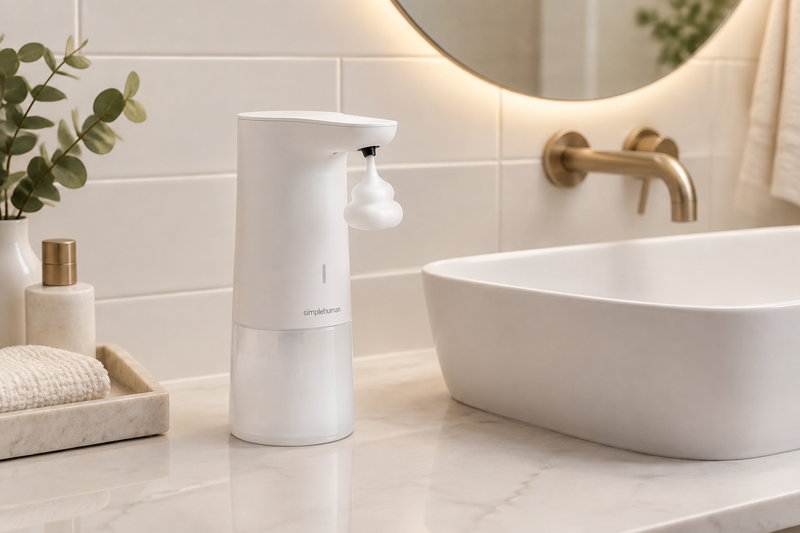 Dispensador automático de jabón en espuma en encimera de baño moderno