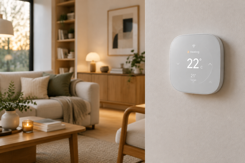 Termostato inteligente WiFi en pared de hogar moderno