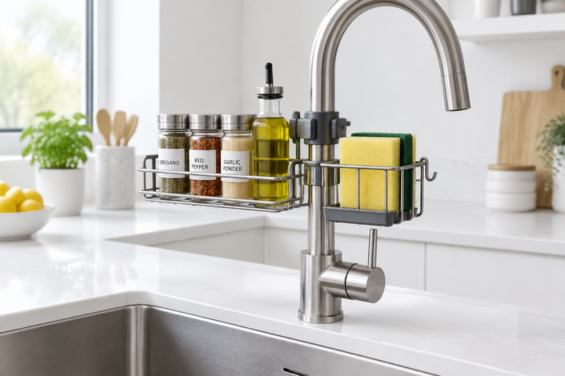 Estante organizador de acero inoxidable en grifo de cocina moderna