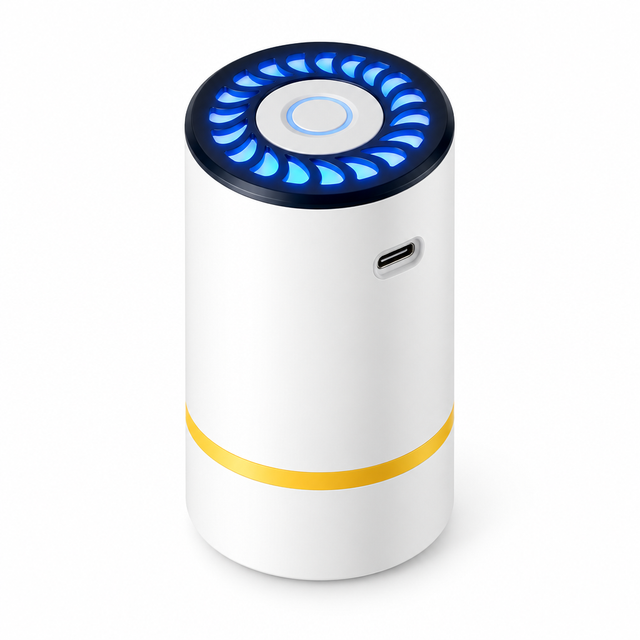 Bomba de vacío eléctrica portátil blanca con anillo LED azul sobre fondo blanco